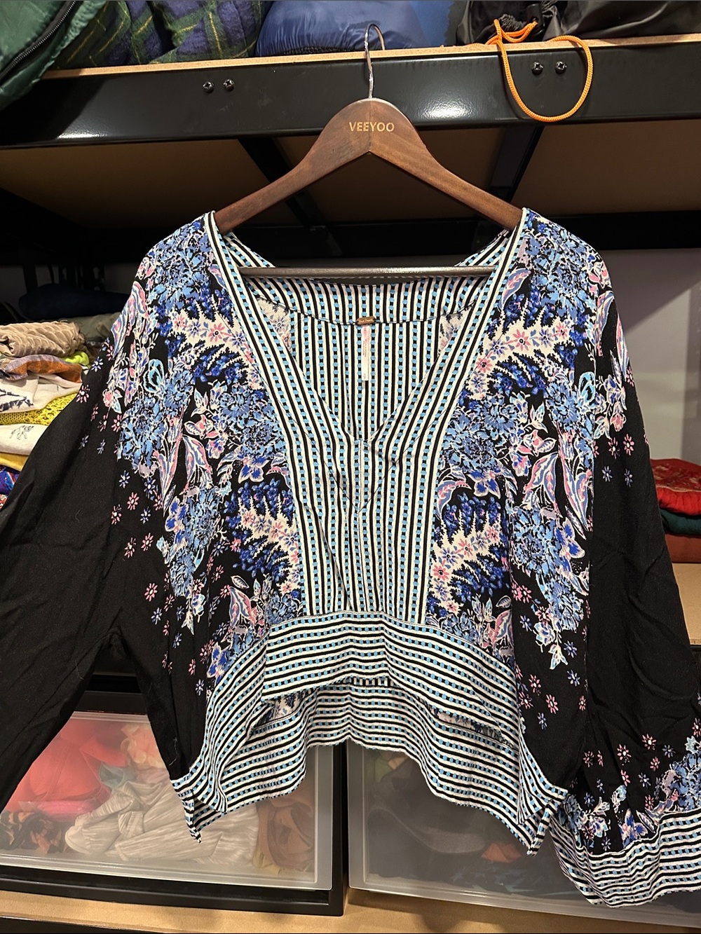 Free People Black Floral V-Neck tunic drape top small hippie boho